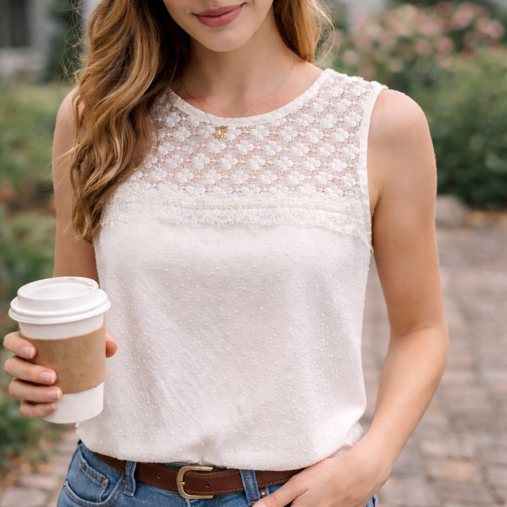 LOFT Ivory Lace Yoke Sleeveless Blouse Back Zip Swiss Dot Top Size S